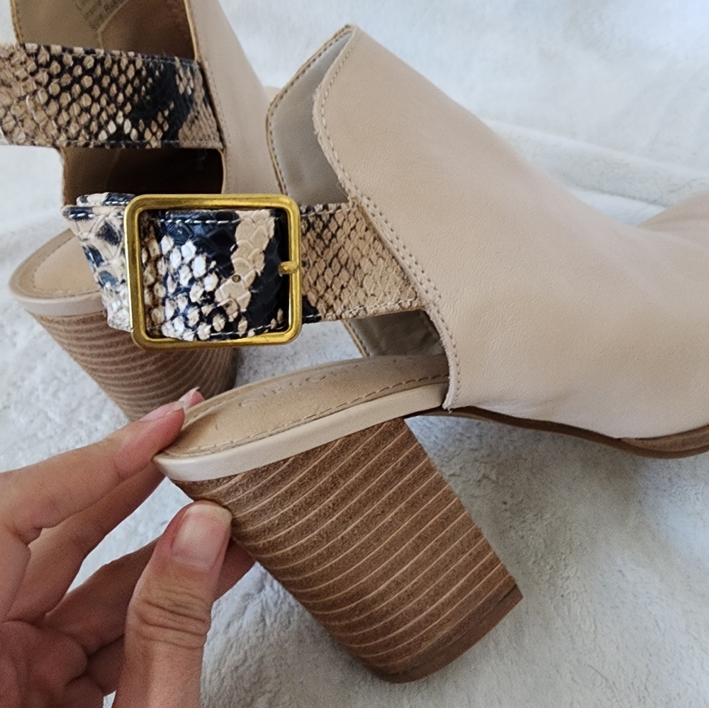 Gibson Latimer Beige Leather Block Heel Ankle Booties with Snake-Print Strap